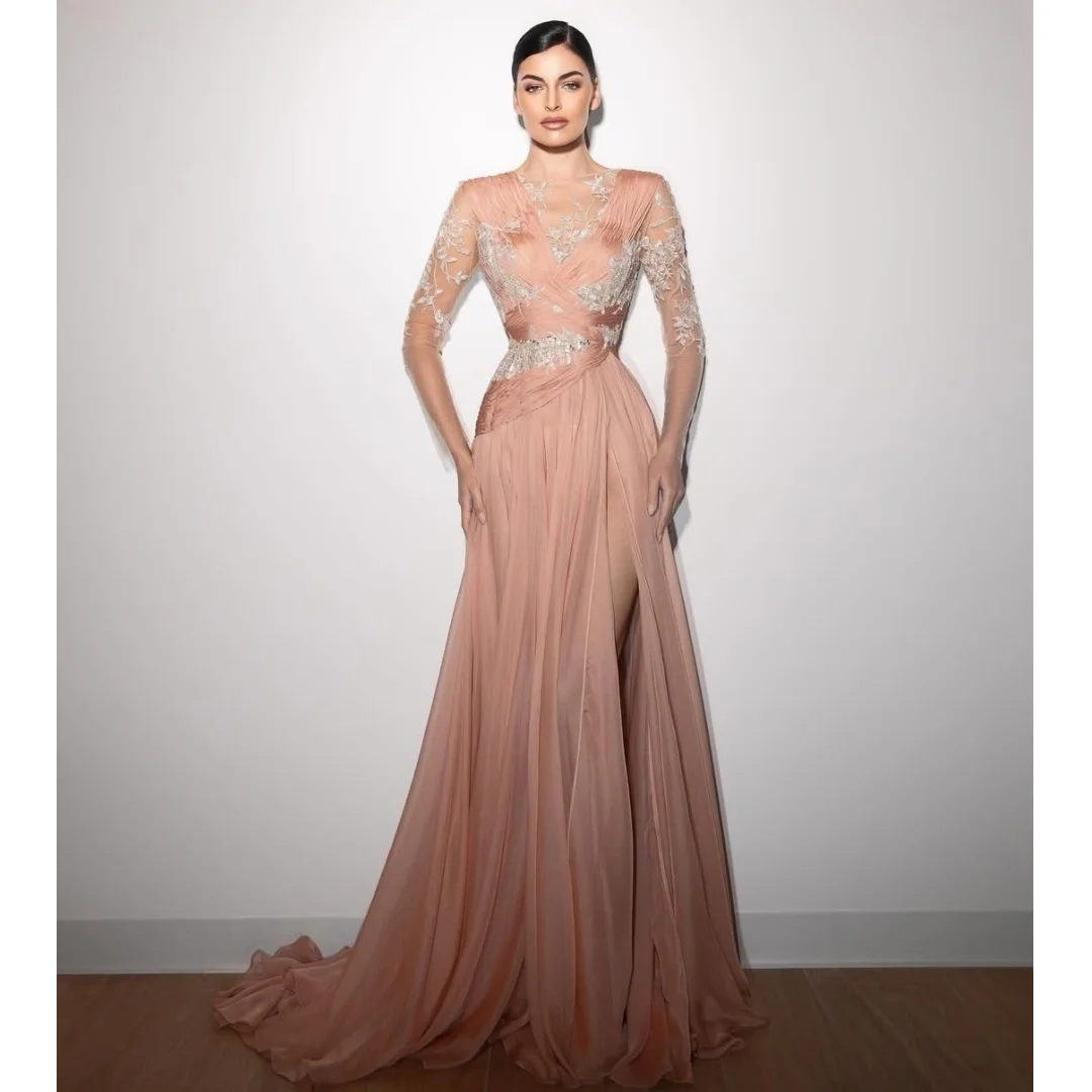 Chiffon Flowy Evening Dresses Side Slit Lace Appliqued Party Dress Long Sleeves Pleated Prom Gown Customized
Chiffon Flowy Evening Dresses Side Slit Lace Appliqued Party Dress Long Sleeves Pleated Prom Gown Customized