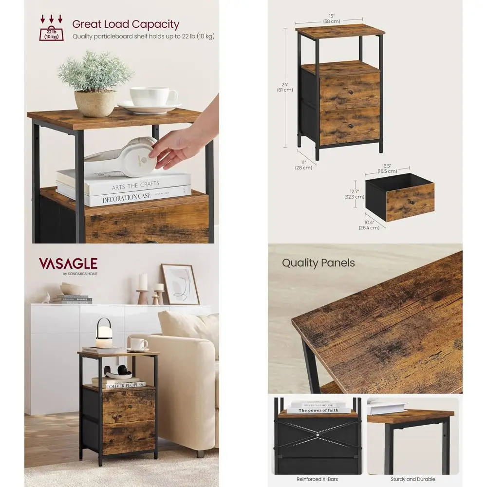 Pair of 24 Rustic Brown & Black Nightstands with Fabric Drawers and Storage Shelf
Pair of 24 Rustic Brown & Black Nightstands with Fabric Drawers and Storage Shelf