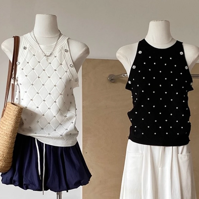 White/Black Rhinestone Knitted Tank Top Casual Crew Neck Sleeveless Tank Top 2026 New Women's Clothing Crop Top Camis
White/Black Rhinestone Knitted Tank Top Casual Crew Neck Sleeveless Tank Top 2026 New Women's Clothing Crop Top Camis