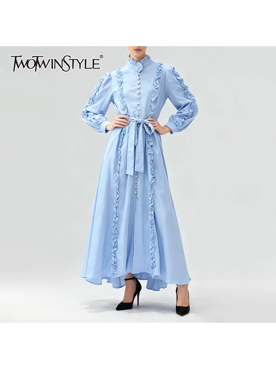 TWOTWINSTYLE Solid Spliced Fungus Folds Elegant Dresses for Women Stand Neck Long Sleeves Patchwork Single Breasted Dress Female
TWOTWINSTYLE Solid Spliced Fungus Folds Elegant Dresses for Women Stand Neck Long Sleeves Patchwork Single Breasted Dress Female