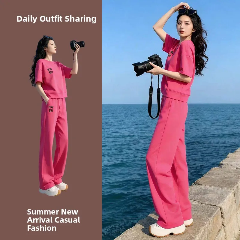 Casual Sporty Women's Set Short Sleeve T-Shirt Wide Leg Pants Two Piece Suite Bright Pink Summer Anti-Aging High Waist Pants
Casual Sporty Women's Set Short Sleeve T-Shirt Wide Leg Pants Two Piece Suite Bright Pink Summer Anti-Aging High Waist Pants