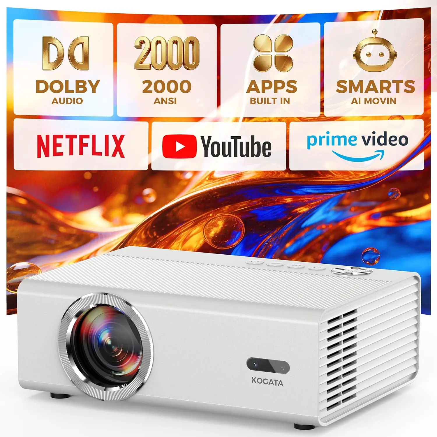 Smart Projector with WiFi and Bluetooth, Proyector-4K Support Official Licensed Apps, 2000 ANSI/AI Auto Focus/50W Dolby/HDR10+/Q
Smart Projector with WiFi and Bluetooth, Proyector-4K Support Official Licensed Apps, 2000 ANSI/AI Auto Focus/50W Dolby/HDR10+/Q