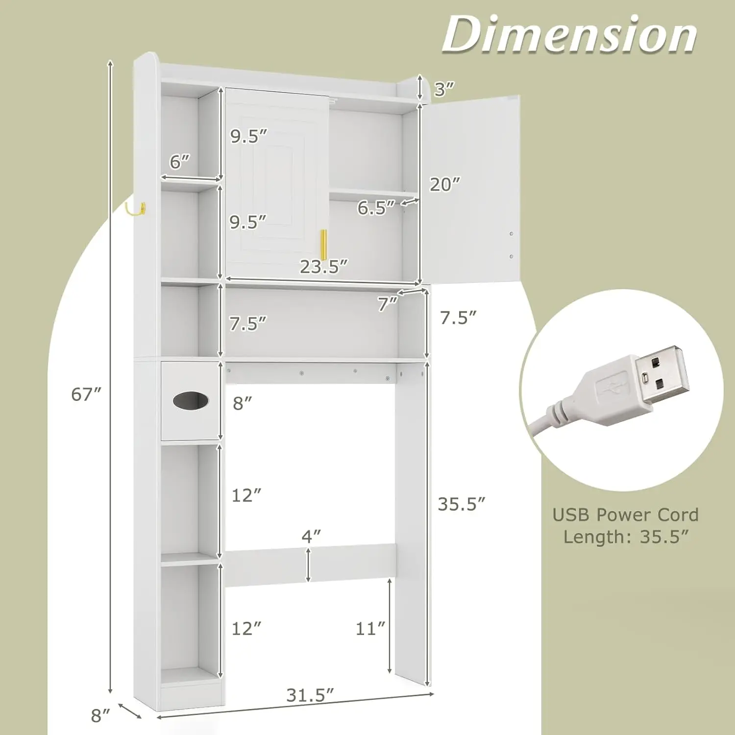 31.5"W Over Toilet Storage Cabinet LED Light Paper Holder Hook Adjustable Shelf Bathroom Organizer, Customized
31.5"W Over Toilet Storage Cabinet LED Light Paper Holder Hook Adjustable Shelf Bathroom Organizer, Customized