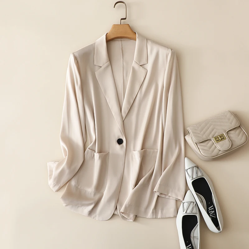 93% Silk Blazers Women Simple Design Solid 3 Colors Suit Long Sleeves Single Button Ladies Office Work Clothing New Fashion
93% Silk Blazers Women Simple Design Solid 3 Colors Suit Long Sleeves Single Button Ladies Office Work Clothing New Fashion