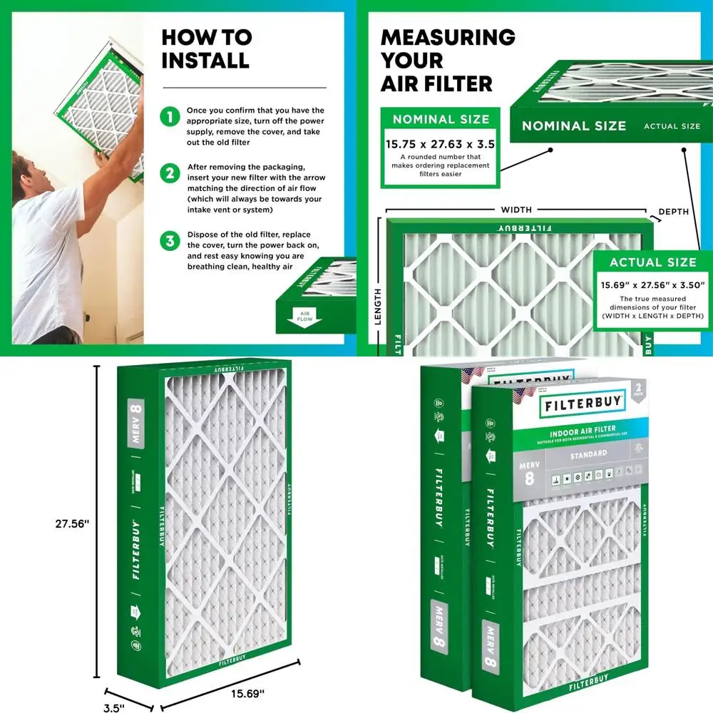 3-Pack MERV 8 Pleated Air Filters for HVAC Systems, Actual Size 15.69x27.56x3.50
3-Pack MERV 8 Pleated Air Filters for HVAC Systems, Actual Size 15.69x27.56x3.50