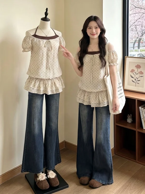 Summer New Polka Dot Hanging Neck Short Sleeve Doll Shirt Women's plus Size Bubble Sleeve Loose Fit Korean Style Top
Summer New Polka Dot Hanging Neck Short Sleeve Doll Shirt Women's plus Size Bubble Sleeve Loose Fit Korean Style Top