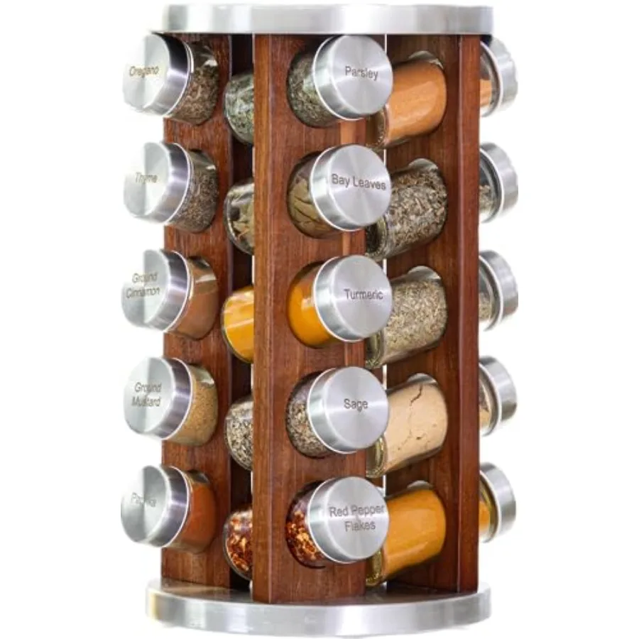 Countertop spice rack: rotating dark acacia wood with 20 glass jars, rustic finish, includes spices 5-year refill program
Countertop spice rack: rotating dark acacia wood with 20 glass jars, rustic finish, includes spices 5-year refill program