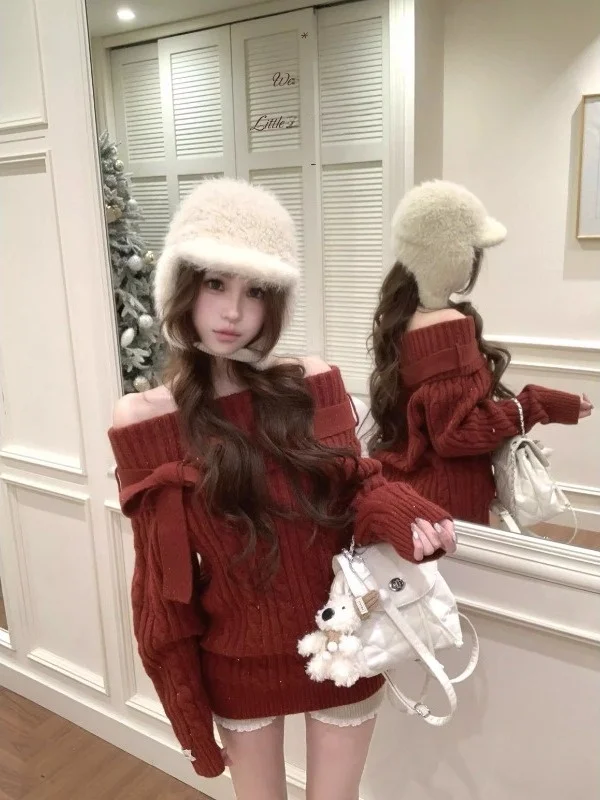 Loose Korean Sle Red Knot One oulder Sweater Women's Autumn Winter Soft Cozy oulder Bared Knitted Top
Loose Korean Sle Red Knot One oulder Sweater Women's Autumn Winter Soft Cozy oulder Bared Knitted Top