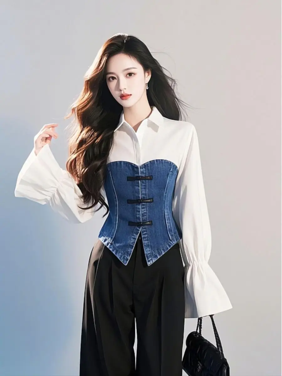 Spring and Autumn Lapel Flare Sleeves New Chinese Style Button Shirt Women's High-end Contrast Spliced Age-reducing Denim Blouse
Spring and Autumn Lapel Flare Sleeves New Chinese Style Button Shirt Women's High-end Contrast Spliced Age-reducing Denim Blouse
