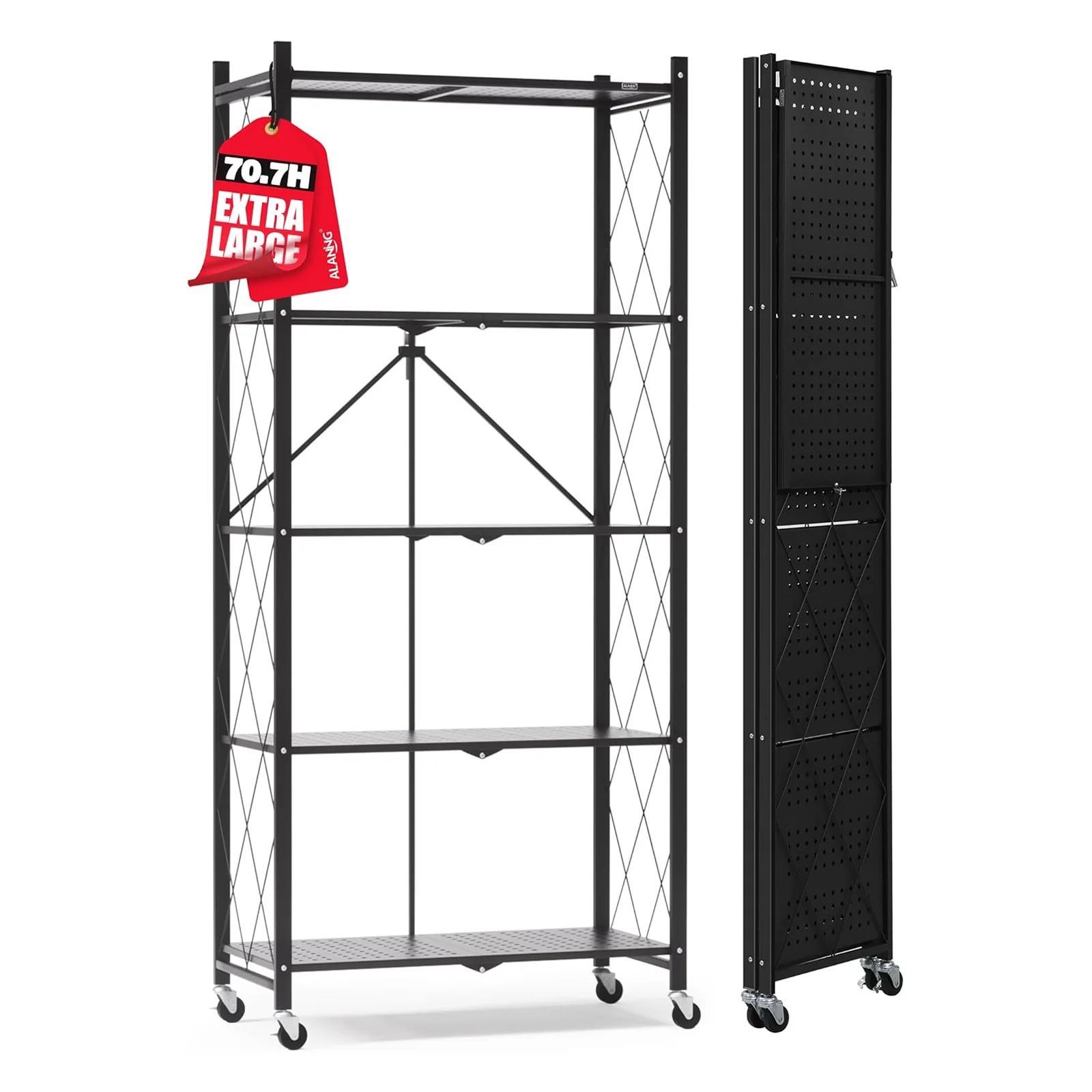 70.7" 5-Tier Folding Metal Storage Shelves with Wheels | Heavy Duty Tool-Free Rolling Rack (Black)
70.7" 5-Tier Folding Metal Storage Shelves with Wheels | Heavy Duty Tool-Free Rolling Rack (Black)