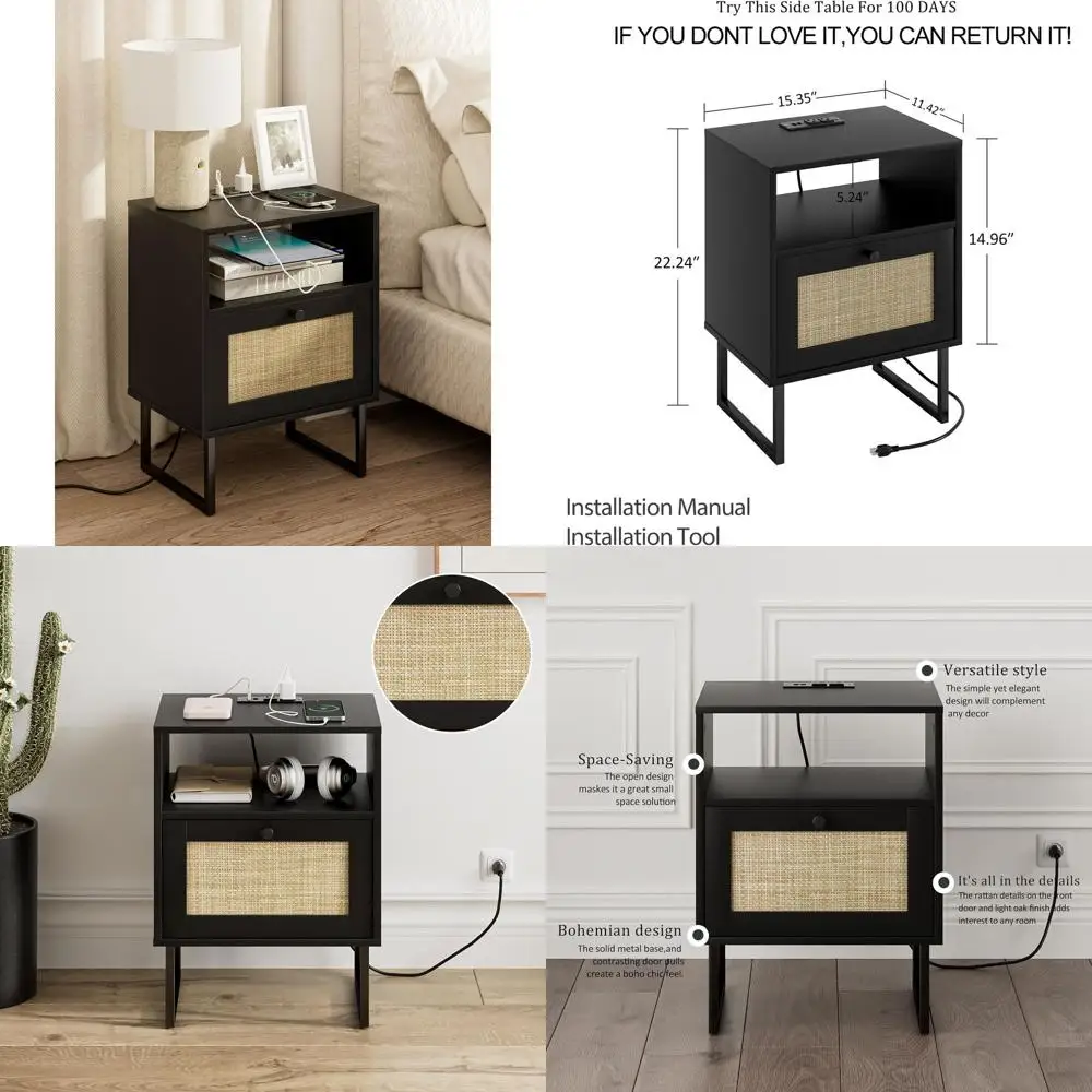 Charging Station Nightstand, Modern Farmhouse Style Wood Bedside Table with Storage Drawer and Open Shelf, Small Black Frame Sid
Charging Station Nightstand, Modern Farmhouse Style Wood Bedside Table with Storage Drawer and Open Shelf, Small Black Frame Sid