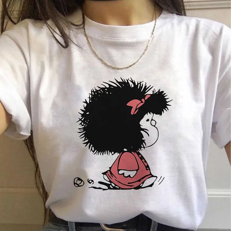 Футболка Mafalda женская с коротким рукавом, милый мультяшный принт в стиле K-POP, модная уличная одежда в стиле Харадзюку, белая 
Футболка Mafalda женская с коротким рукавом, милый мультяшный принт в стиле K-POP, модная уличная одежда в стиле Харадзюку, белая