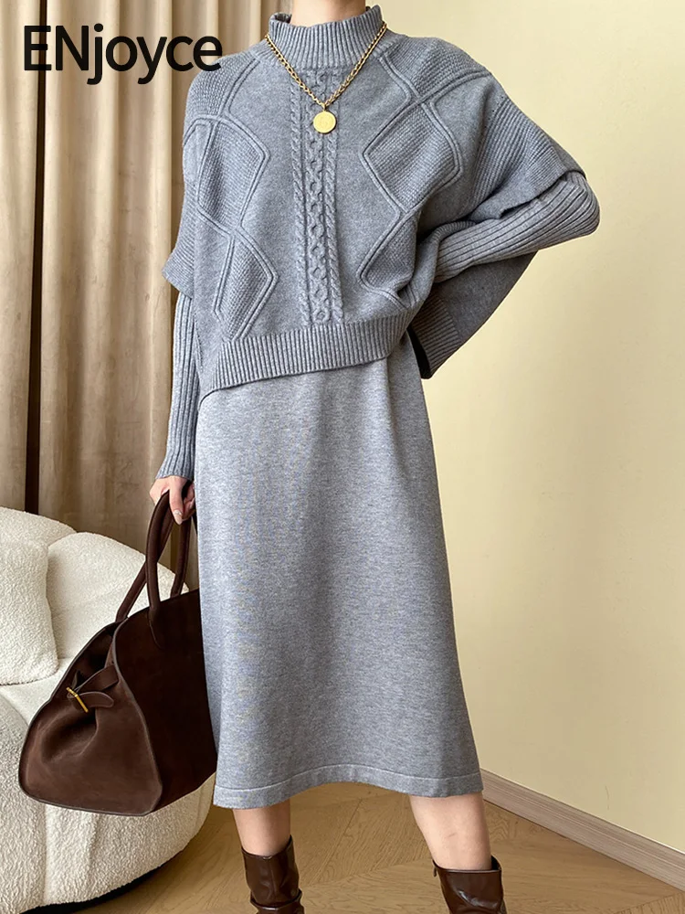 ENjoyce Women Vintage Korean Fashion Bat Sleeve Knitted Sweater Top and Long Sleeve Dress Two Pieces Set Elegant Knitwear Suits
ENjoyce Women Vintage Korean Fashion Bat Sleeve Knitted Sweater Top and Long Sleeve Dress Two Pieces Set Elegant Knitwear Suits