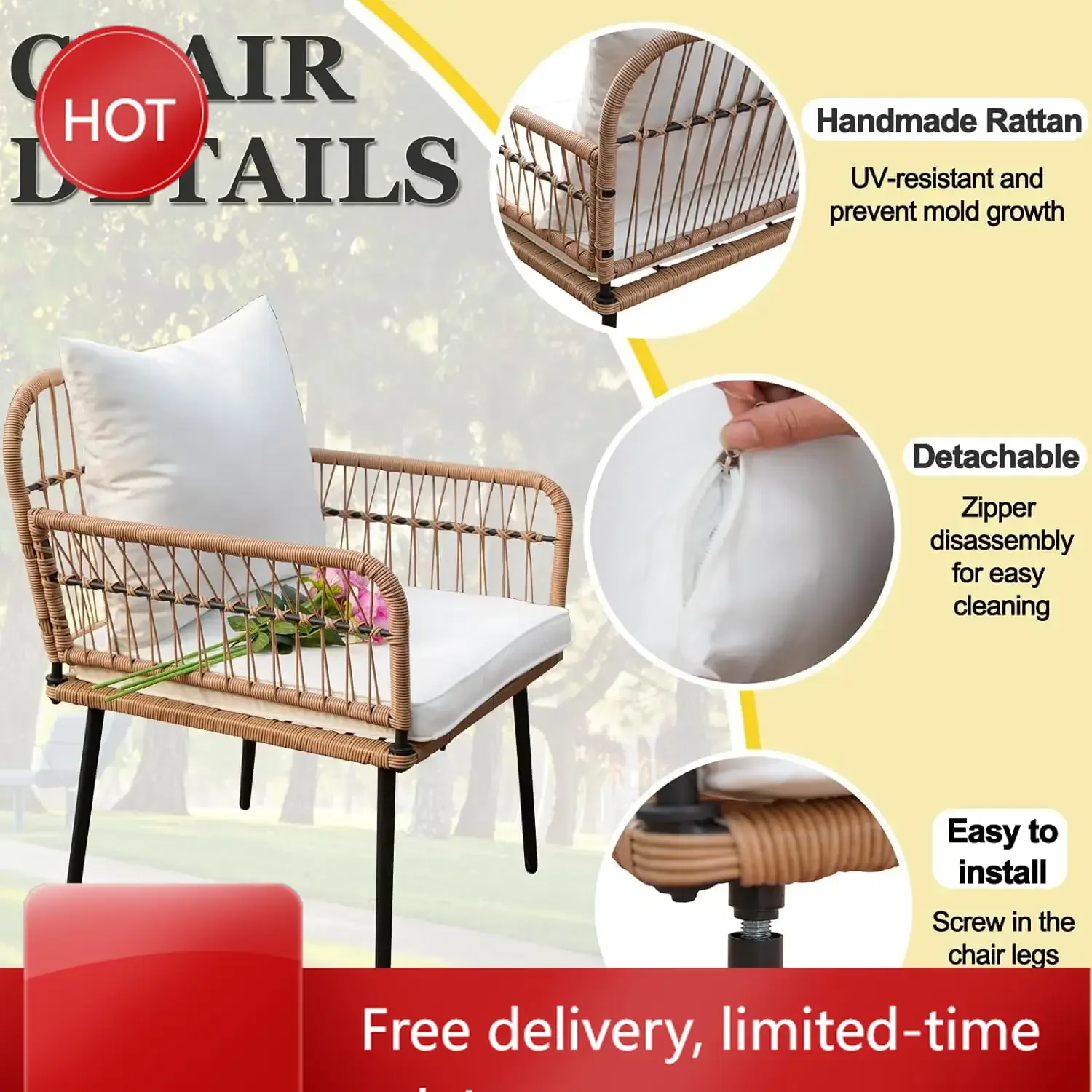 Ограниченное по времени предложение: Комплект садовой мебели XMSJ.4PC в стиле бохо, уличные плетеные стулья с белыми моющимися подушками и стеклянный кофейный столик, Love
Ограниченное по времени предложение: Комплект садовой мебели XMSJ.4PC в стиле бохо, уличные плетеные стулья с белыми моющимися подушками и стеклянный кофейный столик, Love