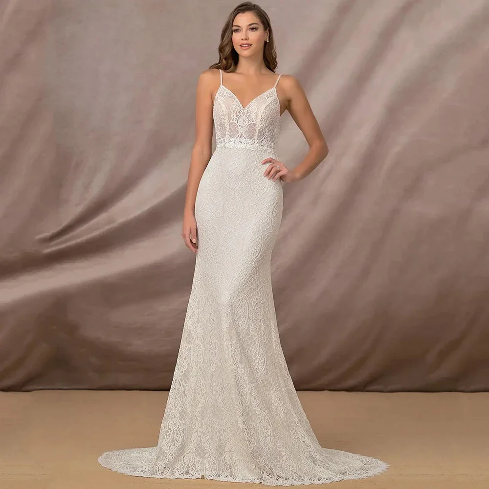 Exquisite Mermaid Spaghetti Straps Wedding Dress Classic V-Neck Sleeveless Floor Length Open Back Boho Lace Bridal Marriage Gown
Exquisite Mermaid Spaghetti Straps Wedding Dress Classic V-Neck Sleeveless Floor Length Open Back Boho Lace Bridal Marriage Gown