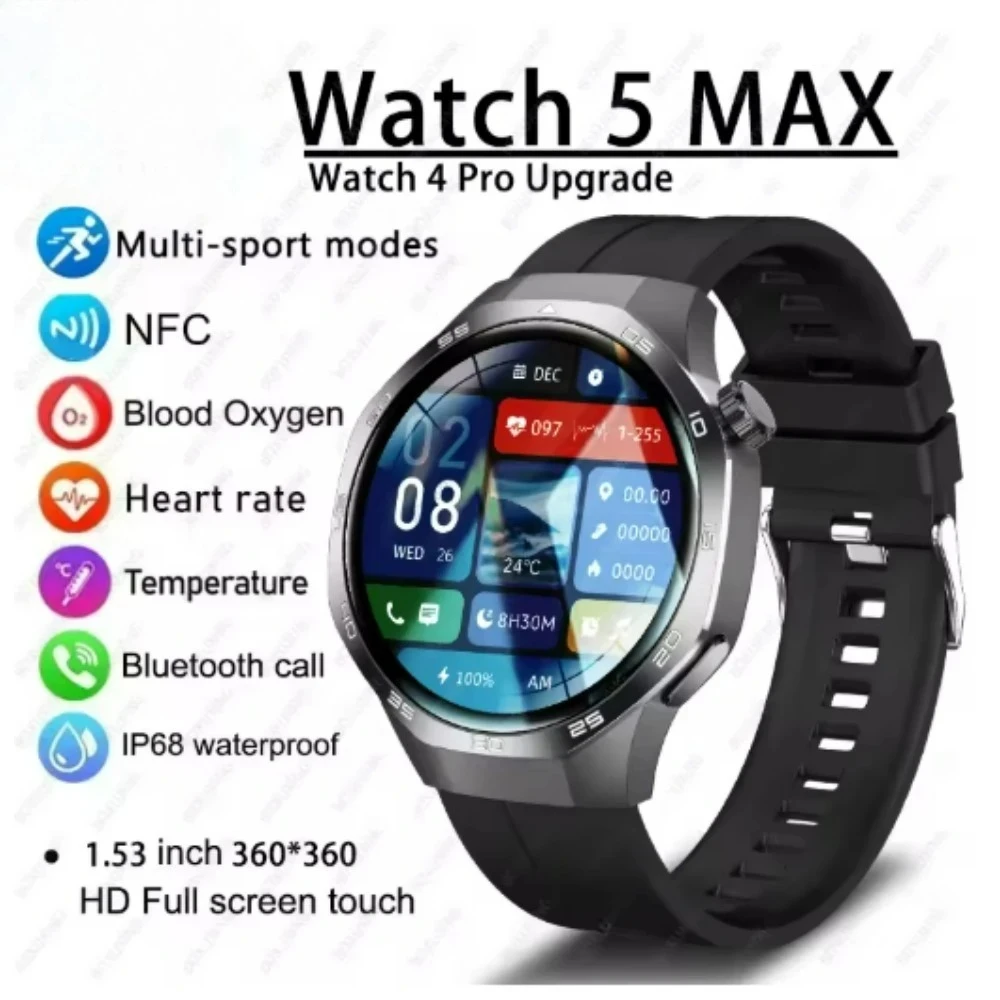 2027 Watch 5 Pro Track Compass Smart Watch Men 360*360 AMOLED Screen NFC BT Waterproof Health Monitor Man Smartwatches