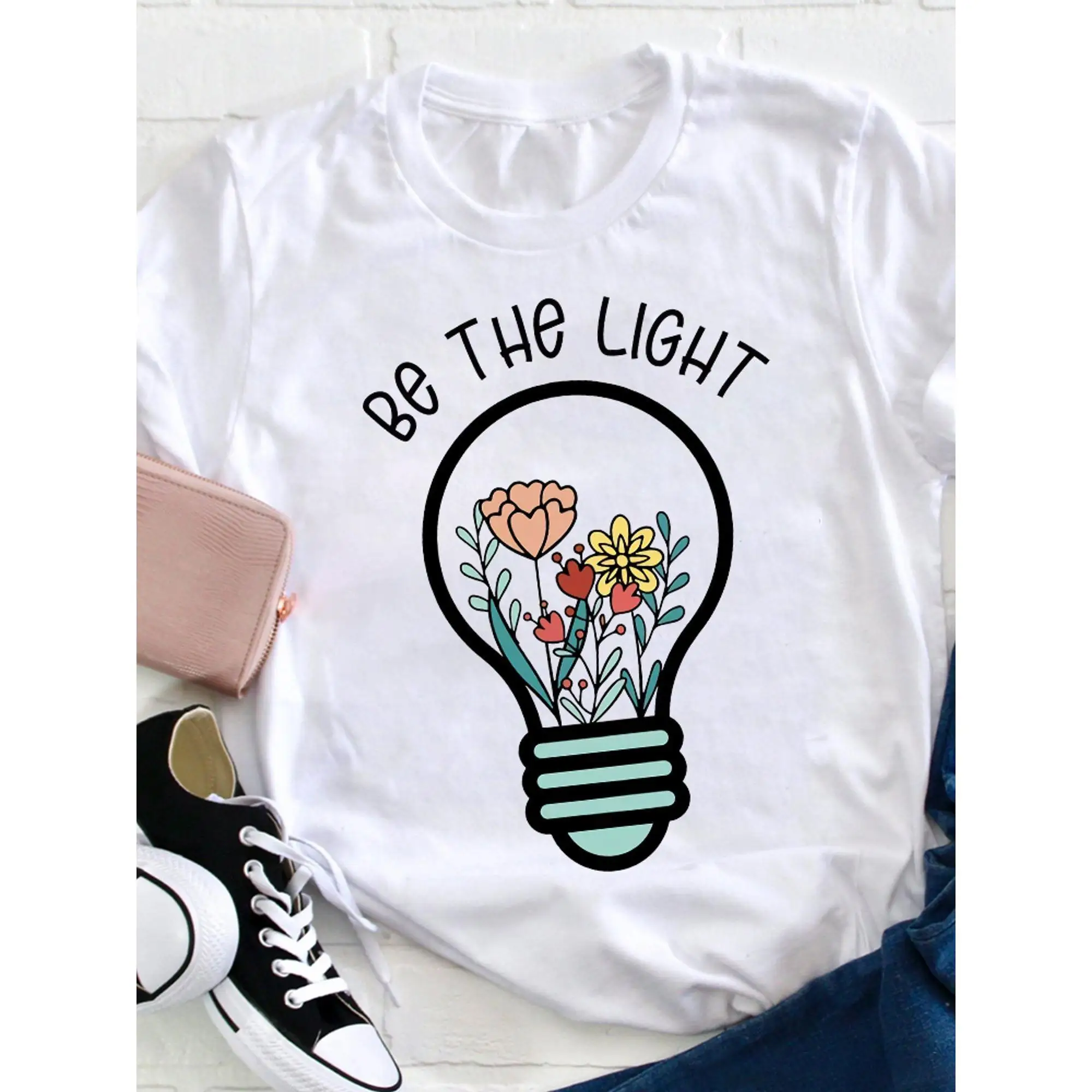 Women's 'Be the Light' Graphic T-Shirt - Casual Loose Fit Round Neck, Short Sleeve Tee with Floral Bulb Design, White, Spring/Su
Women's 'Be the Light' Graphic T-Shirt - Casual Loose Fit Round Neck, Short Sleeve Tee with Floral Bulb Design, White, Spring/Su