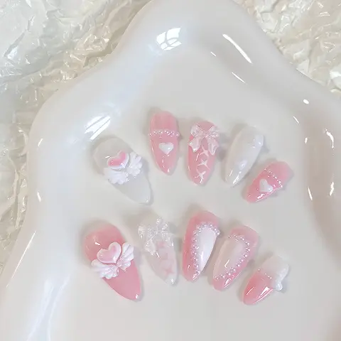 10PCS hand pressed almond shaped nails, beautiful fake nails, sweet heart nail art, pink angel, suitable for women to use