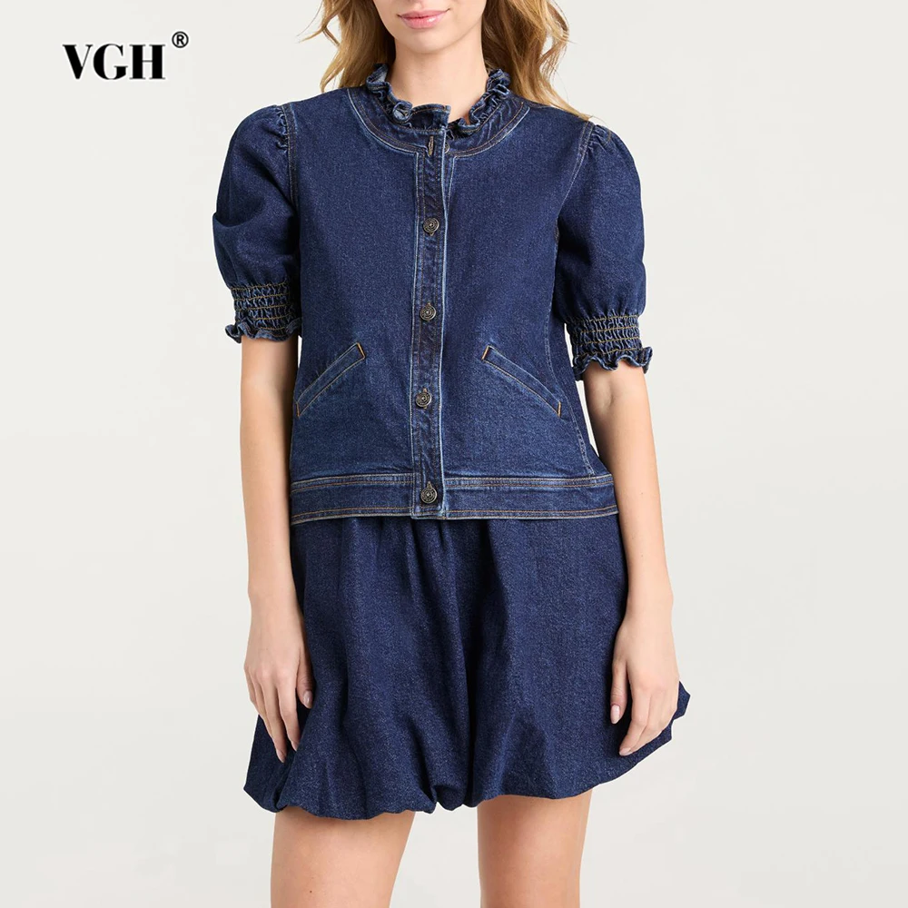 VGH Повседневные винтажные джинсовые комплекты из двух предметов для женщин с круглым вырезом и пышными рукавами, топ с высокой талией, шорты с цветочным бутоном, милый комплект, женский новый 
VGH Повседневные винтажные джинсовые комплекты из двух предметов для женщин с круглым вырезом и пышными рукавами, топ с высокой талией, шорты с цветочным бутоном, милый комплект, женский новый