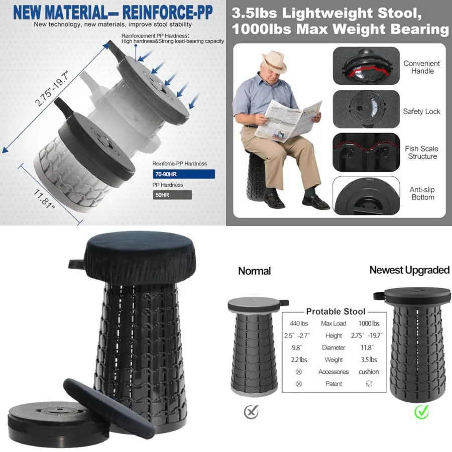 Upgraded 19.7" Collapsible Stool + 1.38" Thicker Cushion, Portable Telescoping Stool Foldable for Adults, 1000lbs Max Weight, H
Upgraded 19.7" Collapsible Stool + 1.38" Thicker Cushion, Portable Telescoping Stool Foldable for Adults, 1000lbs Max Weight, H