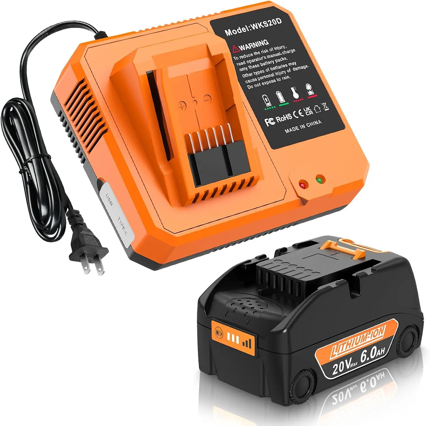 20V 6.0Ah Lithium Battery & Charger Combo Replacement for Worx Battery, with USB Port, Compatible with Worx Battery and Charger
20V 6.0Ah Lithium Battery & Charger Combo Replacement for Worx Battery, with USB Port, Compatible with Worx Battery and Charger