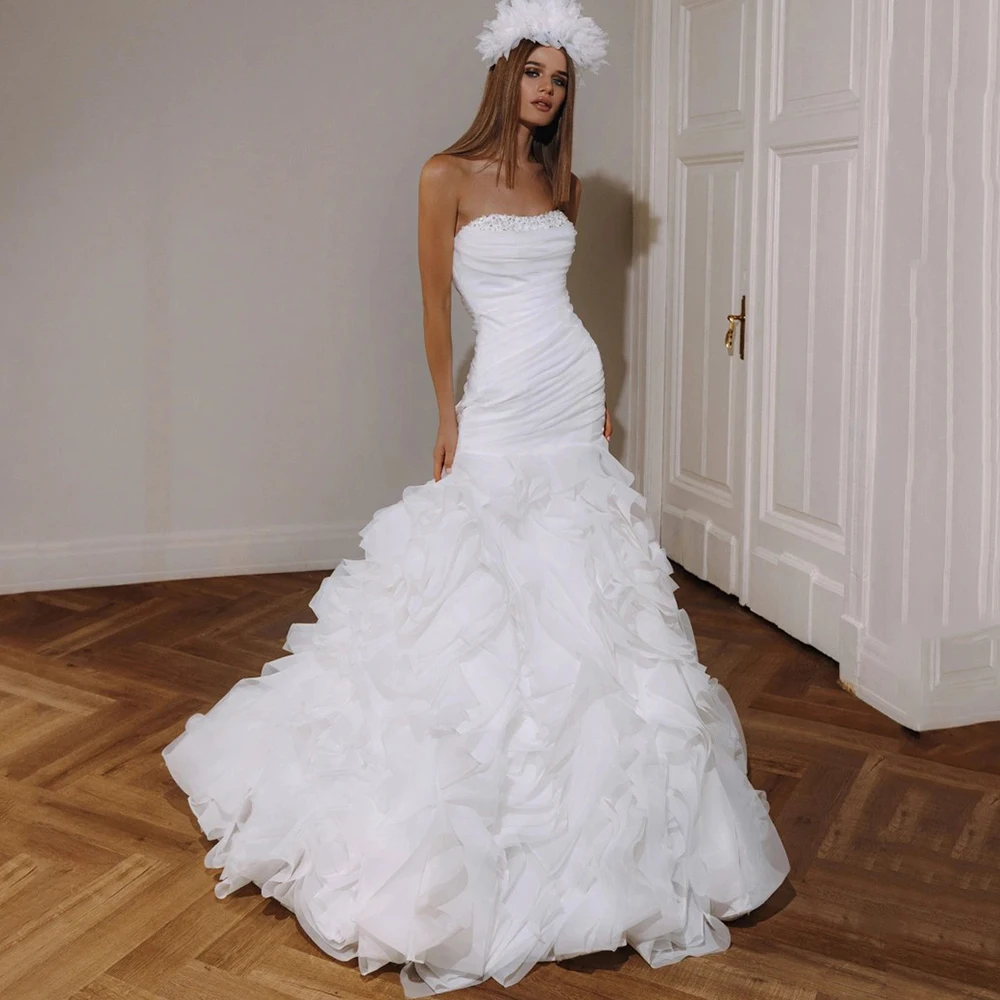 Vintage Strapless Mermaid Wedding Dress with Pleat and Beading Floor Length Backless Ruffles Sweep Train Bride Marriage Gowns
Vintage Strapless Mermaid Wedding Dress with Pleat and Beading Floor Length Backless Ruffles Sweep Train Bride Marriage Gowns