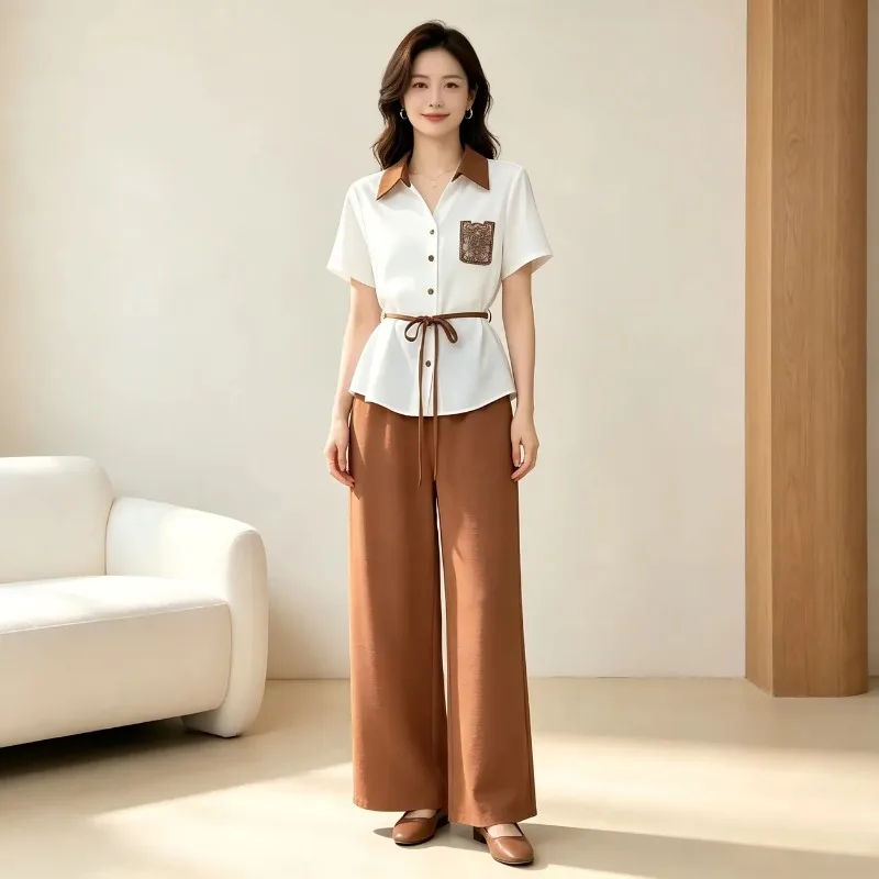 Women Contrast Collar Lace Pocket Tie Waist Short Sleeve Shirt Wide Leg Pants Two Piece Suit
Women Contrast Collar Lace Pocket Tie Waist Short Sleeve Shirt Wide Leg Pants Two Piece Suit