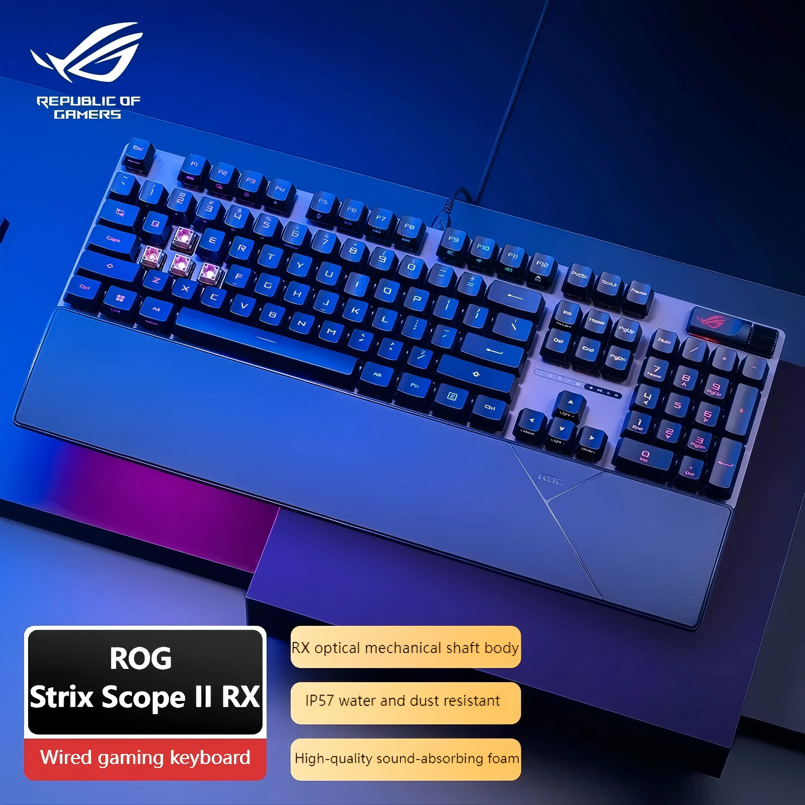 Игровая клавиатура ROG Strix Scope II RX, предварительно смазанные оптические переключатели ROG RX, водонепроницаемая защита IP57, звукопоглощающая пена
Игровая клавиатура ROG Strix Scope II RX, предварительно смазанные оптические переключатели ROG RX, водонепроницаемая защита IP57, звукопоглощающая пена