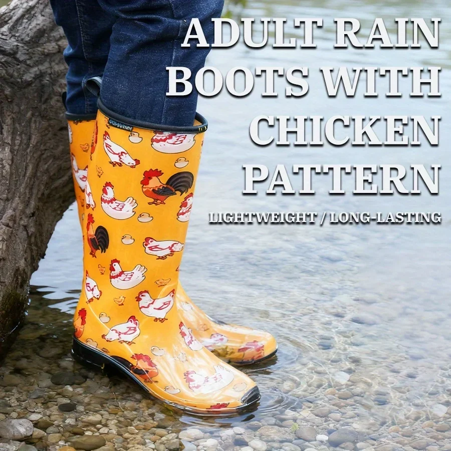 Women's High Top PVC Rain Boots Waterproof Chicken Design Slip-On Garden Shoes with Comfortable Quality Insole
Women's High Top PVC Rain Boots Waterproof Chicken Design Slip-On Garden Shoes with Comfortable Quality Insole