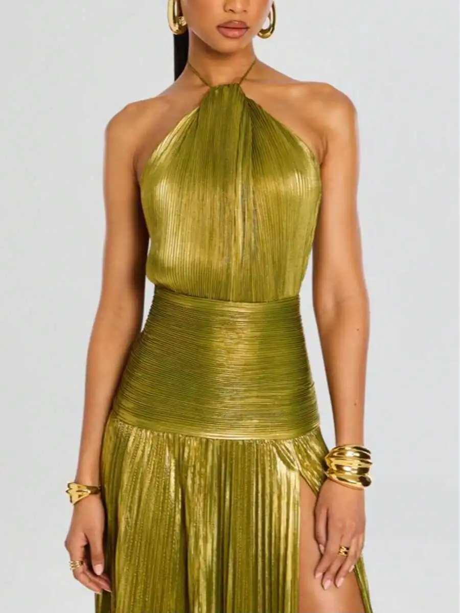 Olive Green Metallic Pleated Halter Maxi Gown With High Side Split, Backless Sleeveless Cut And Adjustable Neck Tie
Olive Green Metallic Pleated Halter Maxi Gown With High Side Split, Backless Sleeveless Cut And Adjustable Neck Tie