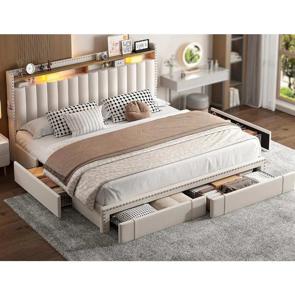 King Size Bed Frame with 4 Drawers, Upholstered headboard with 2-Tier Shelves,with Wooden Slats Support,No Box Spring Needed
King Size Bed Frame with 4 Drawers, Upholstered headboard with 2-Tier Shelves,with Wooden Slats Support,No Box Spring Needed