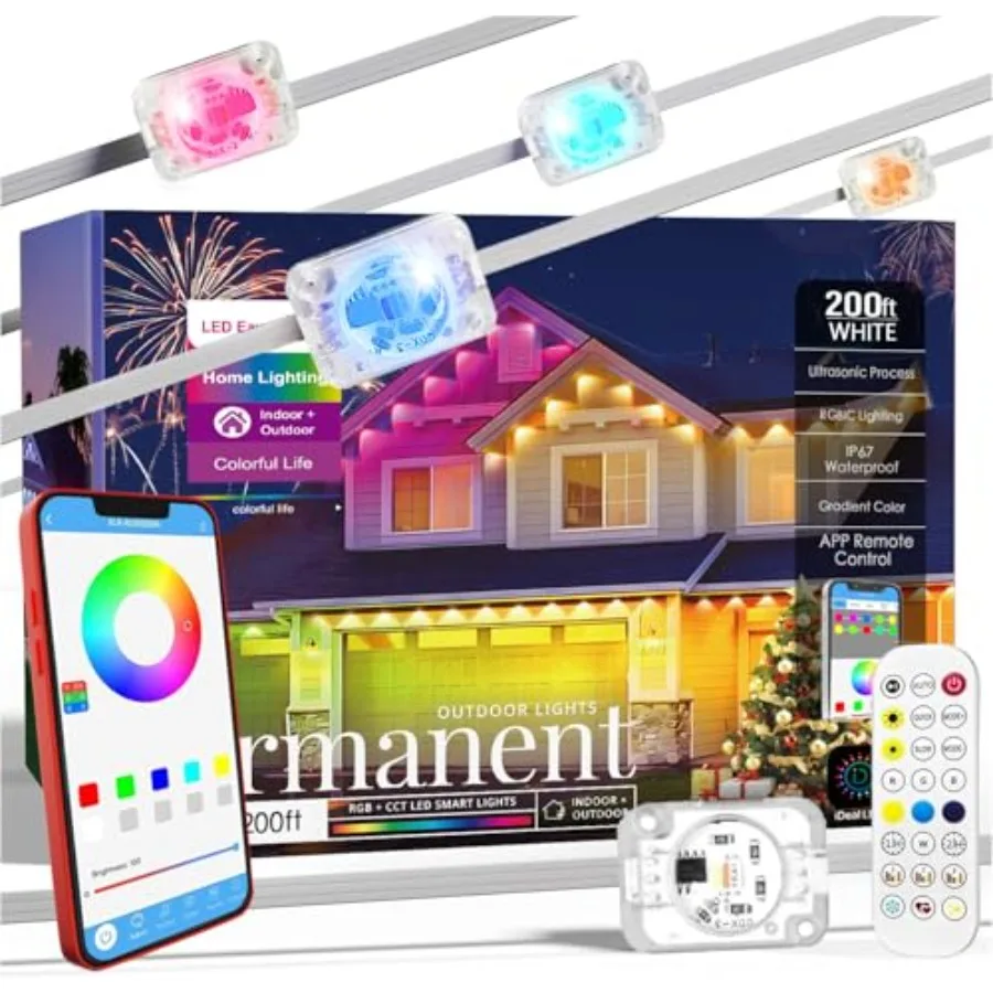 Permanent Outdoor Lights 200Feet RGB+IC Smart LED Outdoor Lights with App/Remote Control DIY Scene Modes Lighting and IP67 Wate