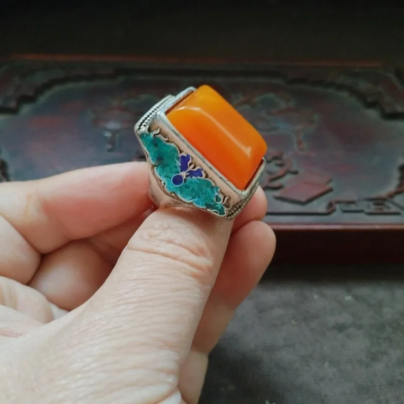 Vintage Tibetan Silver Inlaid Amber Ring, Square Cut, Adjustable Open Band, Cloisonne Unisex Collectible Jewelry
Vintage Tibetan Silver Inlaid Amber Ring, Square Cut, Adjustable Open Band, Cloisonne Unisex Collectible Jewelry