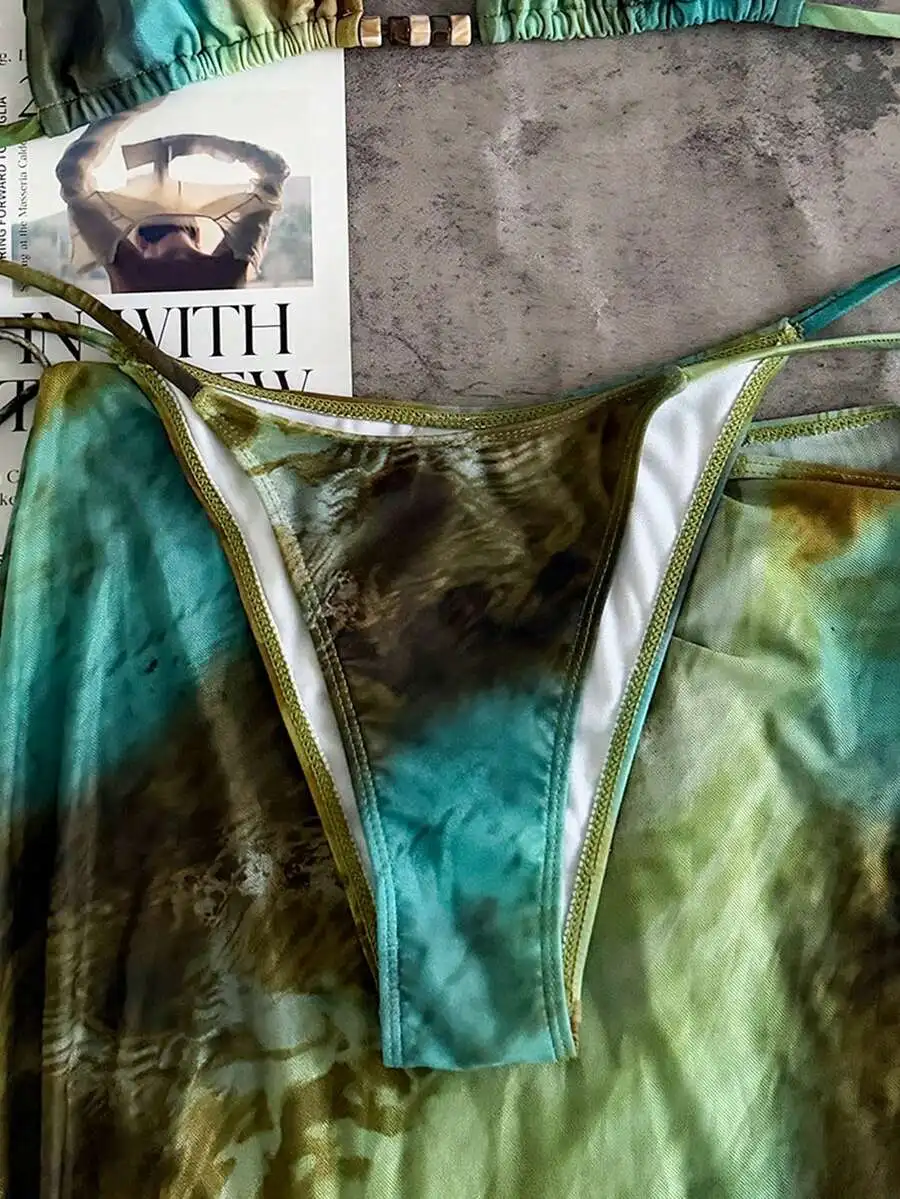 Green Tie-Dye Halter Bikini Set With Sarong Skirt For Beach Vacation Party
Green Tie-Dye Halter Bikini Set With Sarong Skirt For Beach Vacation Party