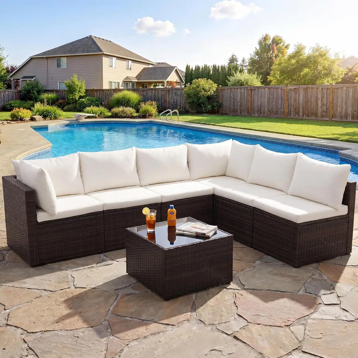 7-Piece Outdoor Patio Sectional Sofa, Modular PE Wicker Outdoor Sectional with Thick Cushions, Rattan Patio Sofa Set with Coffee
7-Piece Outdoor Patio Sectional Sofa, Modular PE Wicker Outdoor Sectional with Thick Cushions, Rattan Patio Sofa Set with Coffee