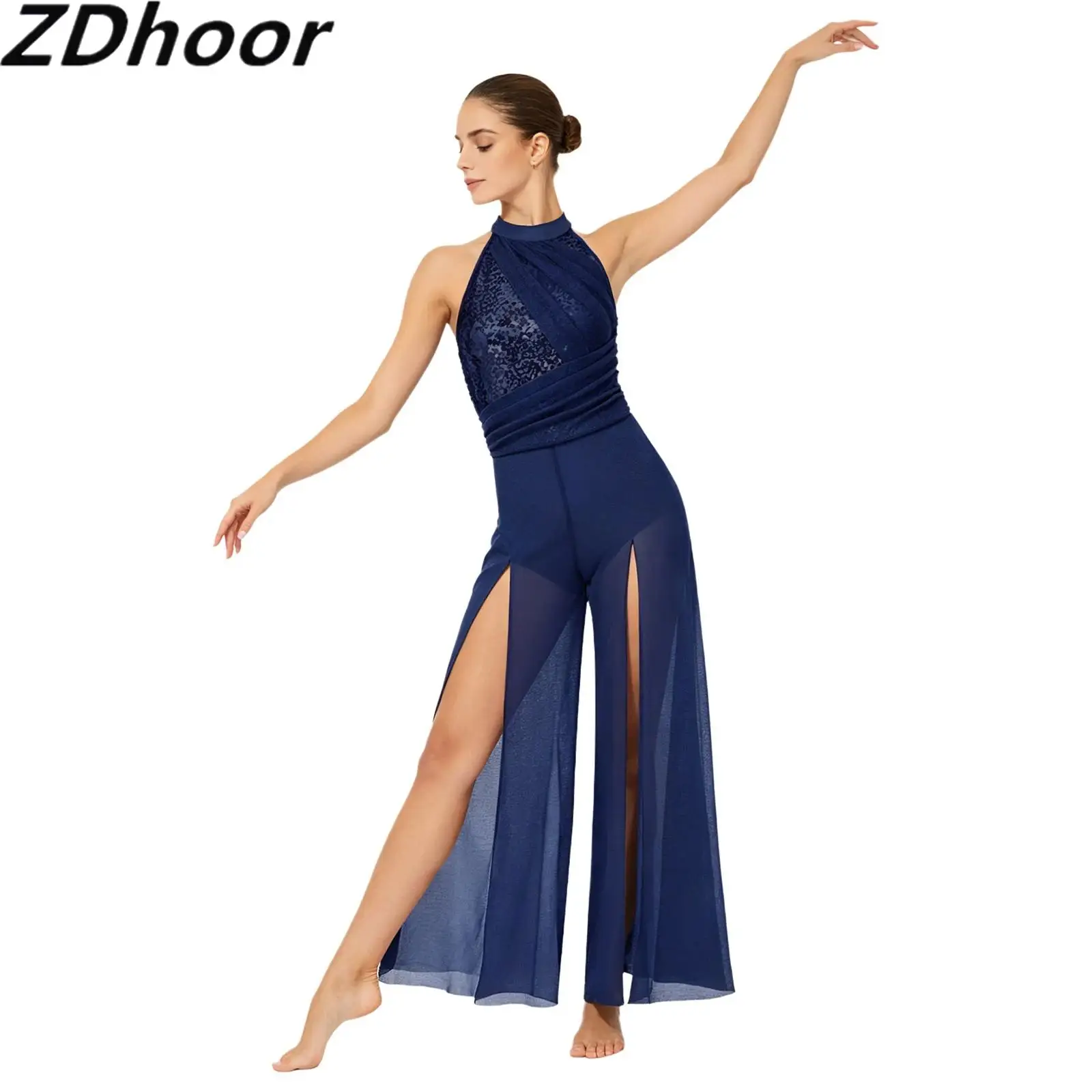 Women Lyric Modern Dance Jumpsuit Halter Mock Neck Sleeveless Sequin Top Bodice Back Mesh Split Wide-leg Bodysuit One-piece
Women Lyric Modern Dance Jumpsuit Halter Mock Neck Sleeveless Sequin Top Bodice Back Mesh Split Wide-leg Bodysuit One-piece