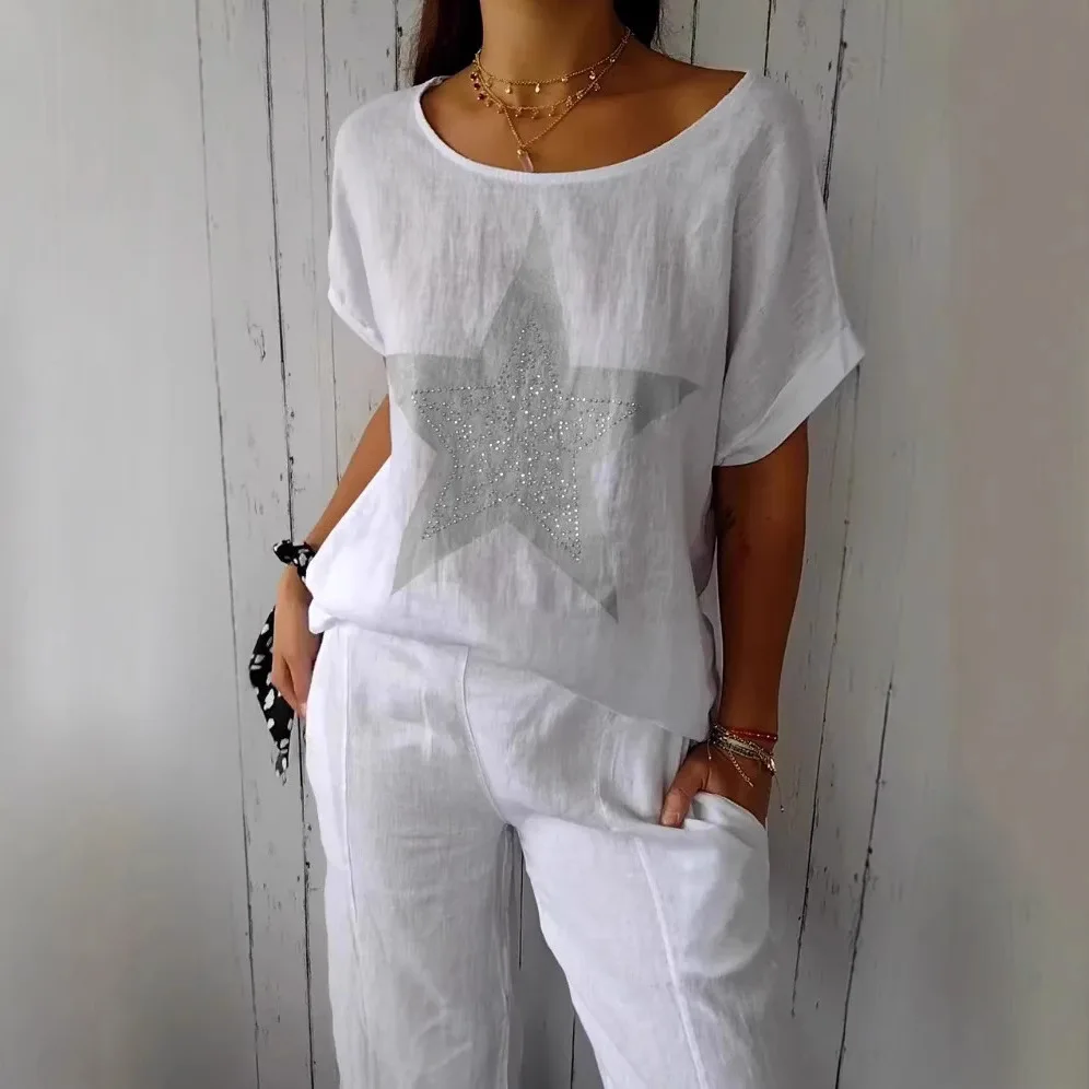 Diamonds Cotton Linen Shirt Tops Women Summer Casual Loose O-neck Short Sleeve Shirts For Women 2025 White Stars Blusa Femme
Diamonds Cotton Linen Shirt Tops Women Summer Casual Loose O-neck Short Sleeve Shirts For Women 2025 White Stars Blusa Femme