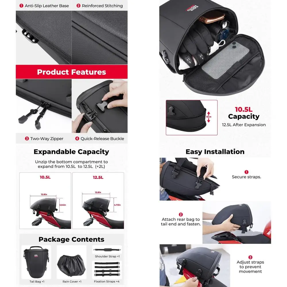 Motorcycle Tail Bag 12.5L Waterproof Expandable Saddle Bag - Multifunctional Storage for Motorbike Rear Seat, Tank & Outdoor Spo
Motorcycle Tail Bag 12.5L Waterproof Expandable Saddle Bag - Multifunctional Storage for Motorbike Rear Seat, Tank & Outdoor Spo