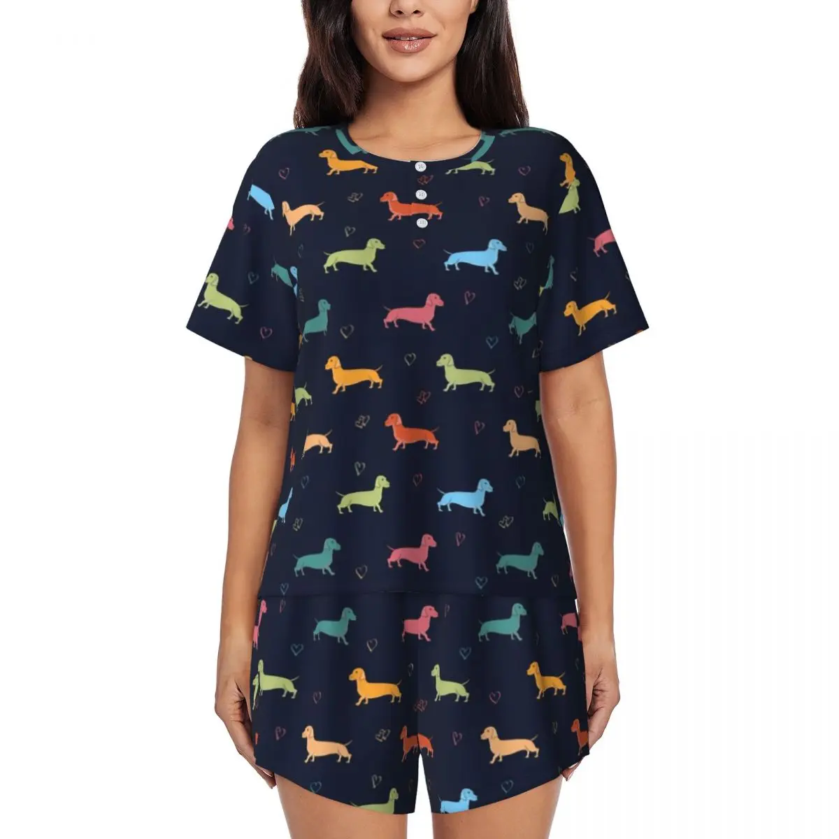Custom Women's Colorful Dachshund Hearts Pajamas Set Printed Short Sleeve Sausage Dog Sleepwear Loungewear Pjs 2 Piece Sets
Custom Women's Colorful Dachshund Hearts Pajamas Set Printed Short Sleeve Sausage Dog Sleepwear Loungewear Pjs 2 Piece Sets