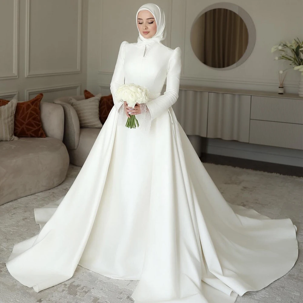 Customized Elegant Mermaid Wedding Dress with Detachable Train V Neck Bead Cuff Gelinlik Ivory Satin Hijab Bridal Gown
Customized Elegant Mermaid Wedding Dress with Detachable Train V Neck Bead Cuff Gelinlik Ivory Satin Hijab Bridal Gown
