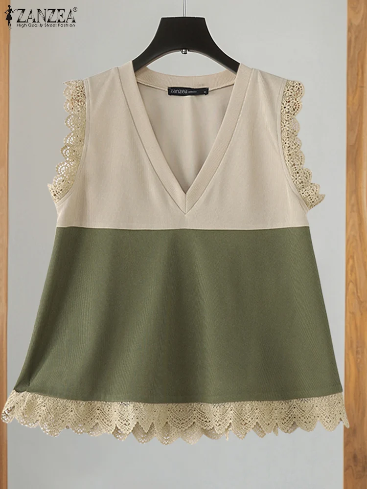 ZANZEA 2025 Summer Casual Vests Lace Trim Loose Fashion Ribbed Knit Sleeveless Tops V-Neck Color-Blocked Women's Tank Tops
ZANZEA 2025 Summer Casual Vests Lace Trim Loose Fashion Ribbed Knit Sleeveless Tops V-Neck Color-Blocked Women's Tank Tops