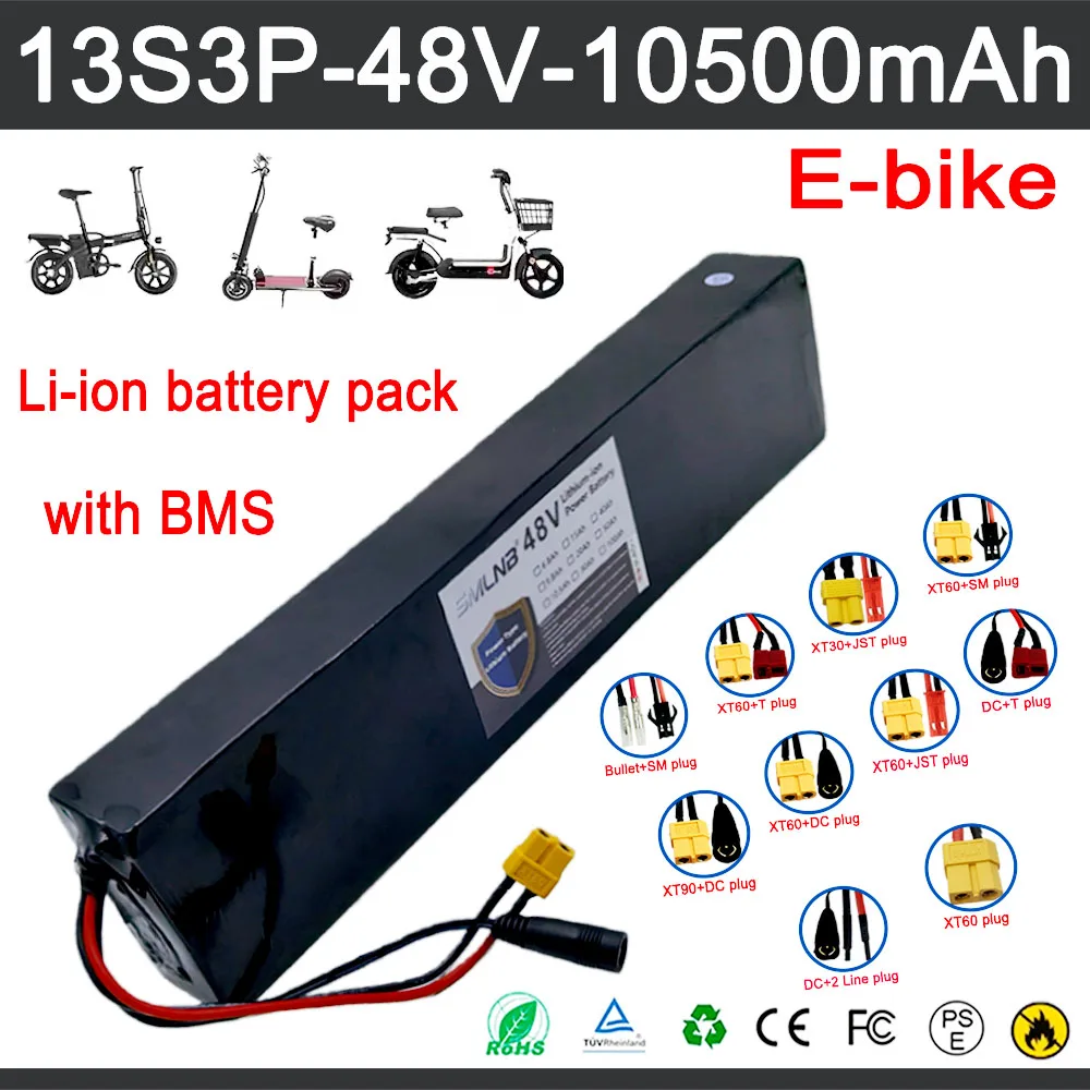 high capacity 48V 10500mAh 1000W 13S3P 18650 lithium-ion battery pack suitable for 54.6V with BMS+charger
high capacity 48V 10500mAh 1000W 13S3P 18650 lithium-ion battery pack suitable for 54.6V with BMS+charger