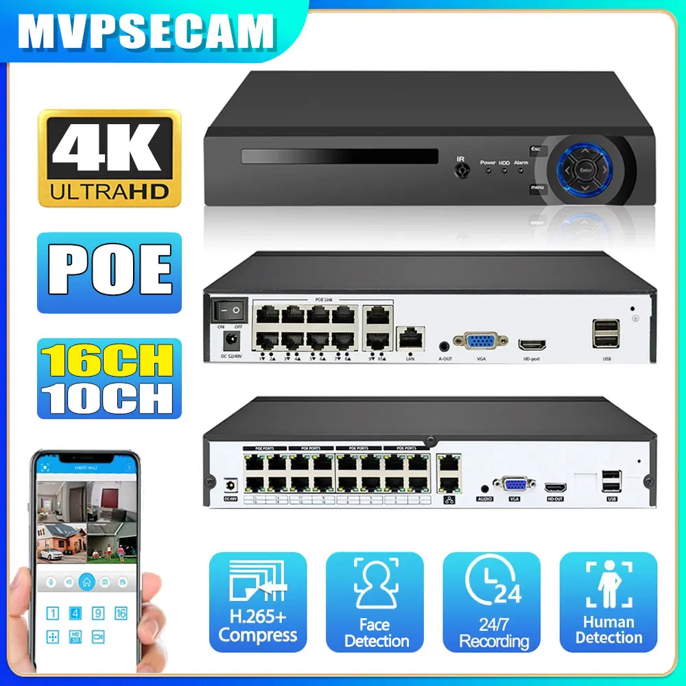 4K 10CH 16CH POE NVR For 8MP 5MP 4MP IP Security Camera CCTV System Audio 4K Input Output Surveillance Video Recorder Face Detec
4K 10CH 16CH POE NVR For 8MP 5MP 4MP IP Security Camera CCTV System Audio 4K Input Output Surveillance Video Recorder Face Detec