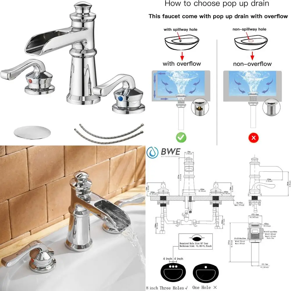 Chrome Widespread 3-Hole 8-Inch Two-Handle Bathroom Sink Faucet with Pop-Up Drain and Waterfall Supply Hose
Chrome Widespread 3-Hole 8-Inch Two-Handle Bathroom Sink Faucet with Pop-Up Drain and Waterfall Supply Hose