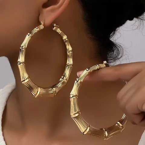 Exaggerated Large Bamboo Joint Hoop Earrings For Women Fashion Gold Color Circle Round Geometric Earrings Jewelry Party Gifts