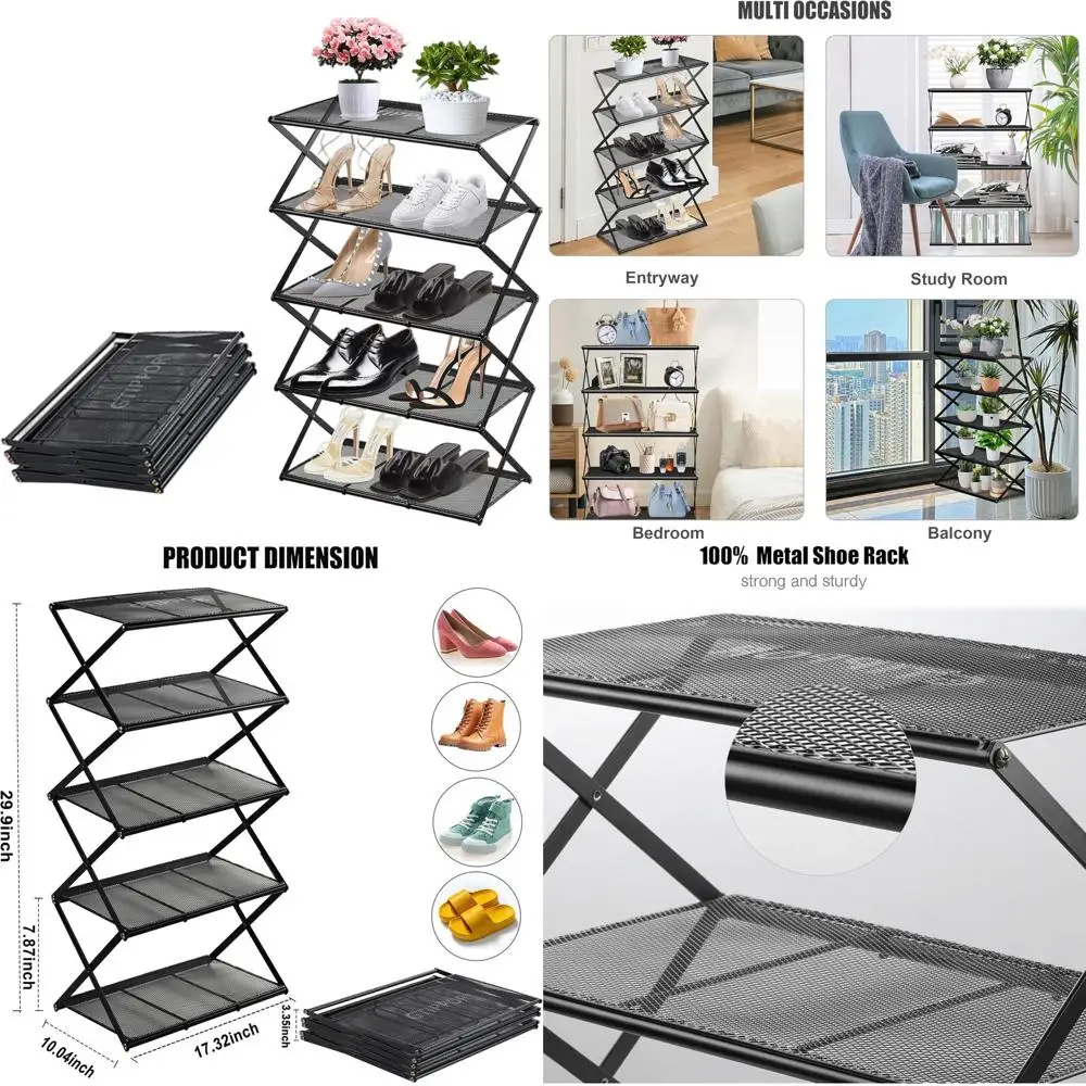 Складная 5-ярусная металлическая подставка для обуви для прихожей, гостиной, черная
Складная 5-ярусная металлическая подставка для обуви для прихожей, гостиной, черная