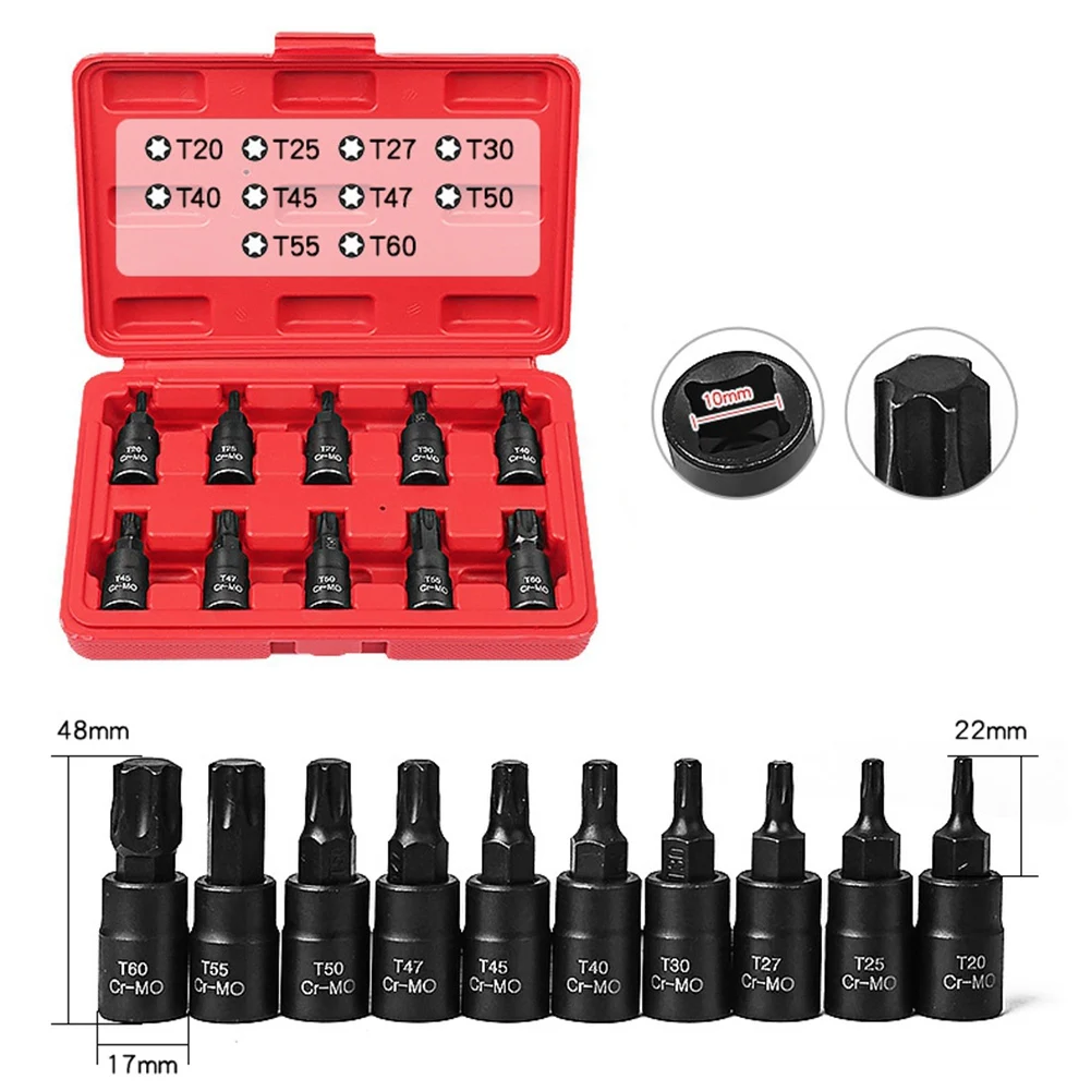 A76K 10Pcs Bit Socket Set Torx Hex Sping Star Bits, T20-T60 With Premium Cr-Mo Steel 3/8 Inch Drive Enhanced Storage
A76K 10Pcs Bit Socket Set Torx Hex Sping Star Bits, T20-T60 With Premium Cr-Mo Steel 3/8 Inch Drive Enhanced Storage