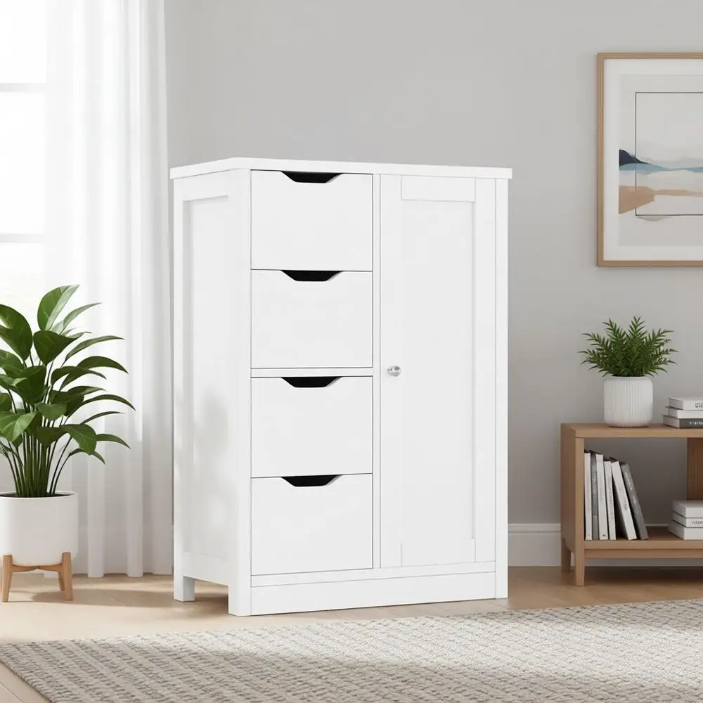 Белый деревянный шкаф для хранения с 4 полками и тумбой для ванной комнаты
Белый деревянный шкаф для хранения с 4 полками и тумбой для ванной комнаты