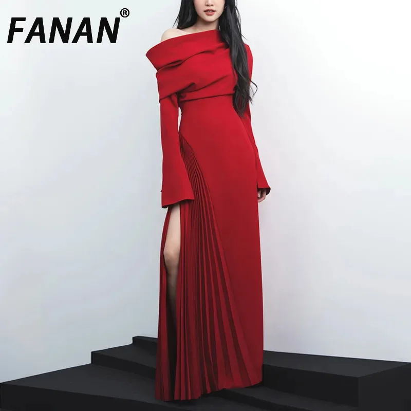 FANAN Elegant Dress Slash Neck Flare Sleeve Pleated High Waist Side Slit Women's Evening Dresses 2025 Spring New Fashion
FANAN Elegant Dress Slash Neck Flare Sleeve Pleated High Waist Side Slit Women's Evening Dresses 2025 Spring New Fashion