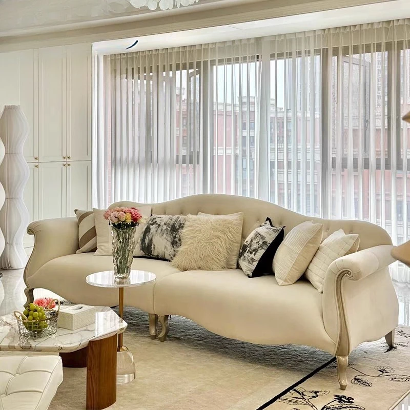 Solid wood fabric sofa Modern cream style simple French living room sofa Straight row pull
Solid wood fabric sofa Modern cream style simple French living room sofa Straight row pull